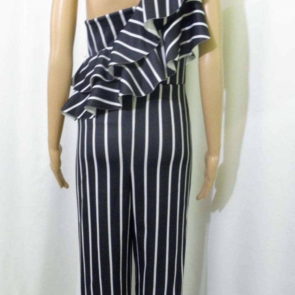 Striped One Shoulder Ruffle Frill Jumpsuit - Picture 6 of 8